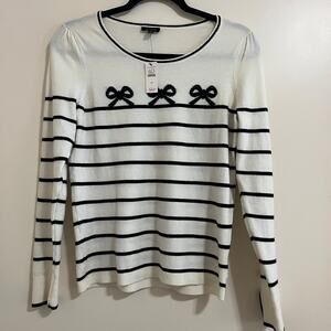 Talbots Womens Knit Sweater Sz M Striped Bows Puff Cottage Capsule Nautical Soft